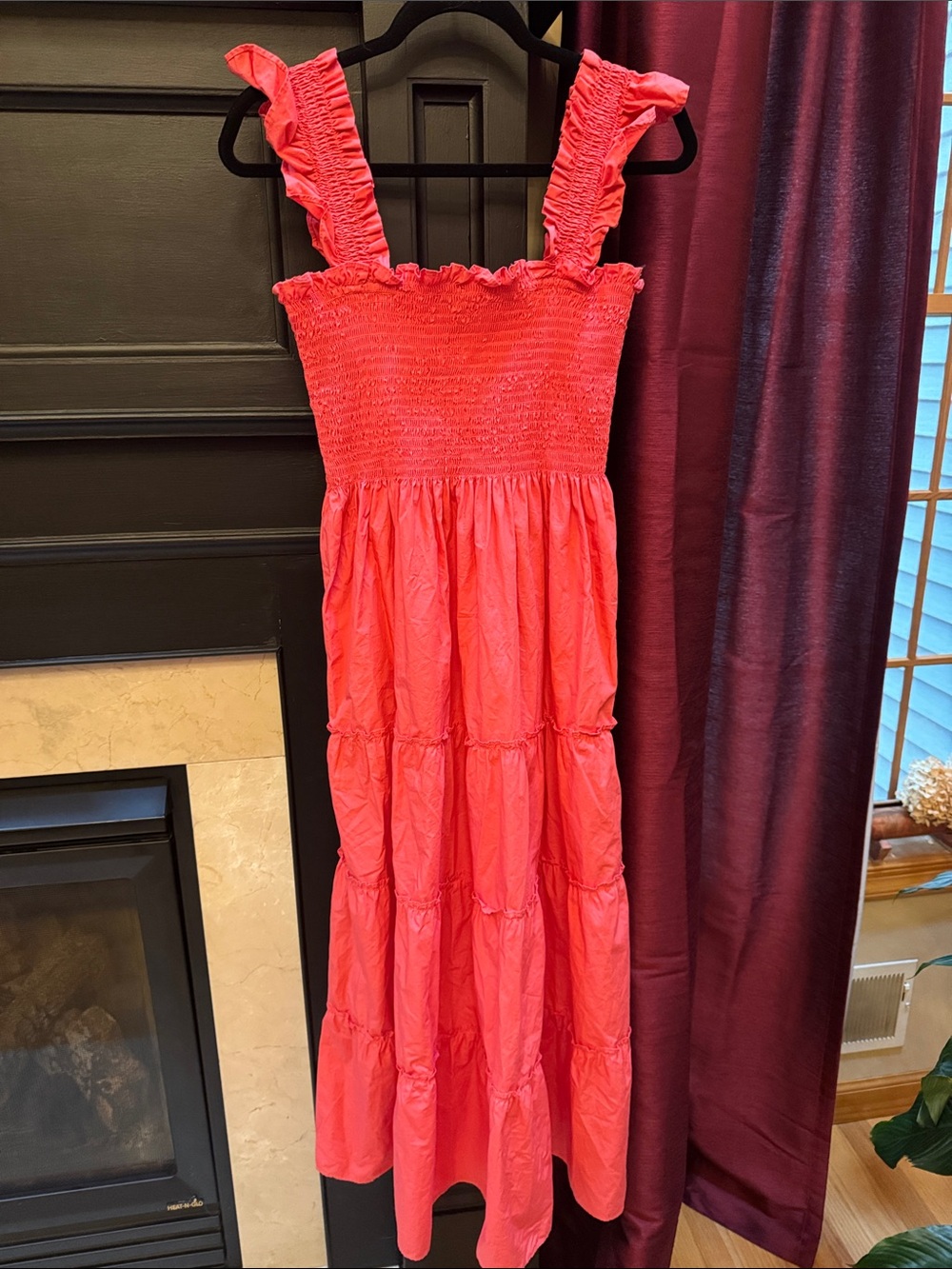 QUINCE Spiced Coral Smocked Ruffle Strap Tiered Maxi Dress sz L